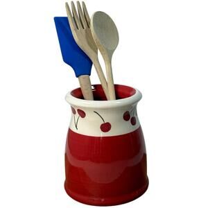 Terramoto Two Cherry Earthenware Red White Utensil Holder Vase 7” Kitchen Decor